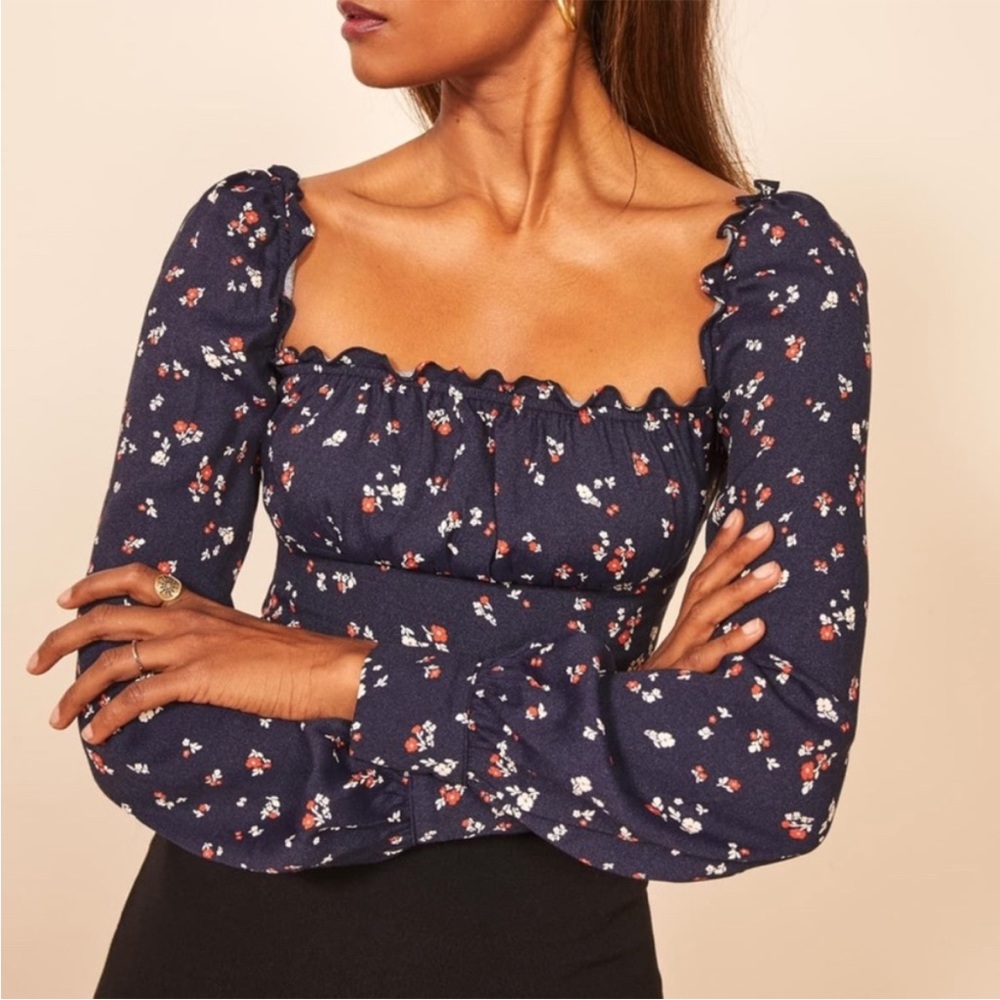Reformation Navy Matteo Floral Top
